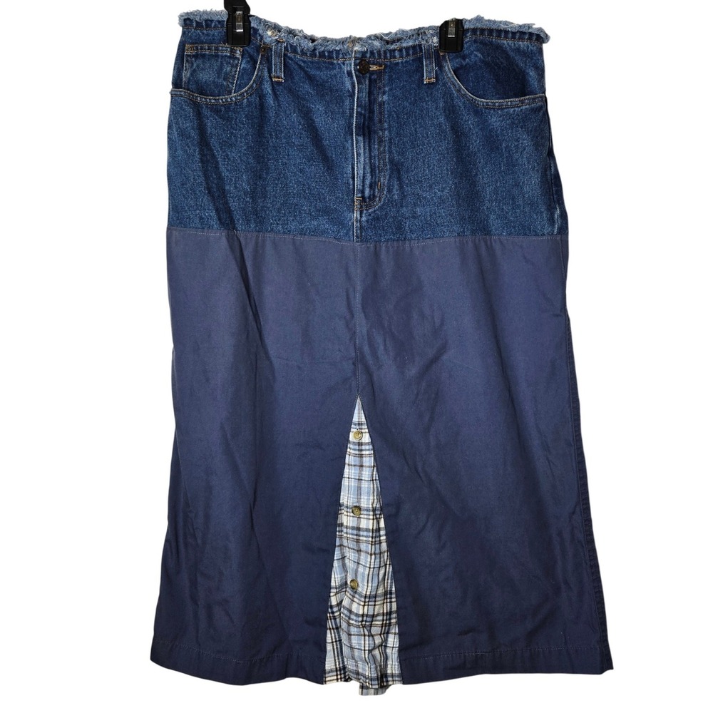 Bill Blass Patchwork Denim Midi Skirt 14 Plaid Upcycled Grunge Cottagecore